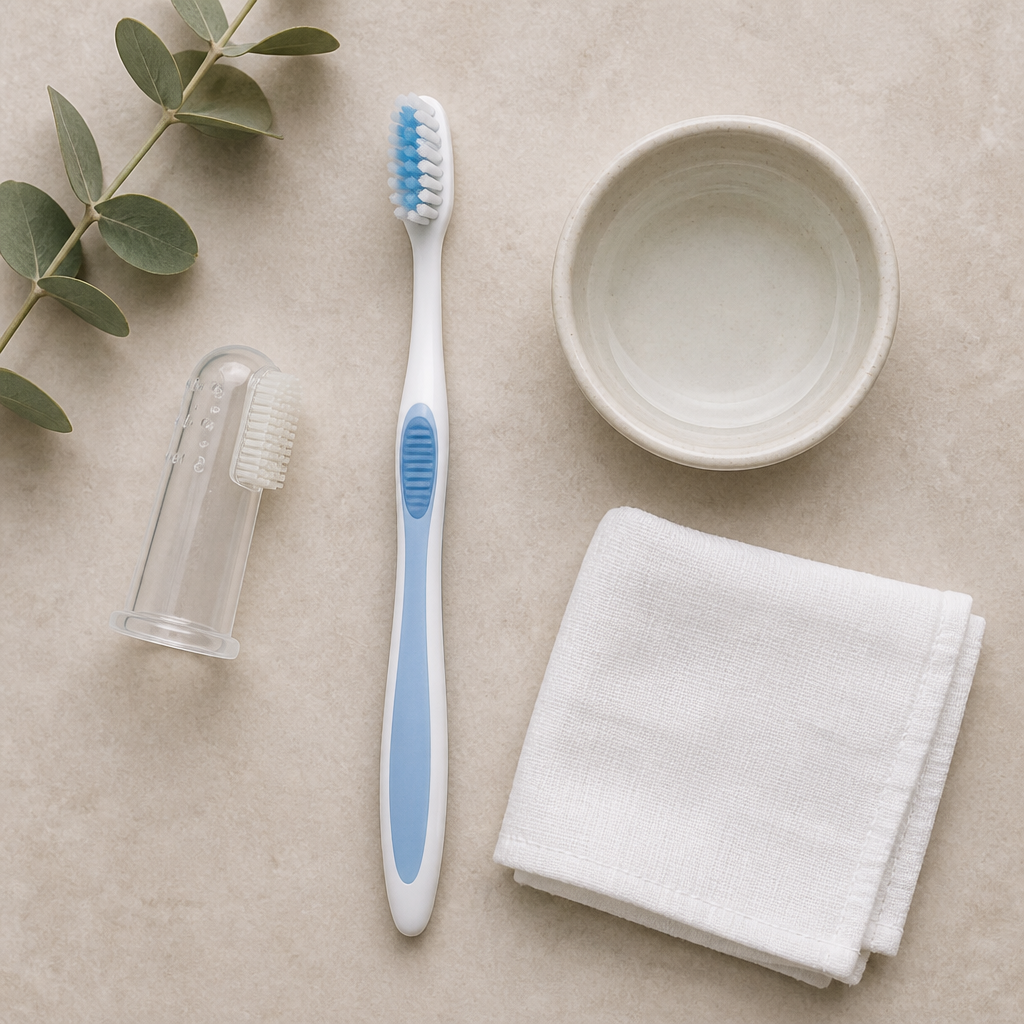 Comparison arrangement of silicone fingertip toothbrush with traditional oral care tools on a neutral surface