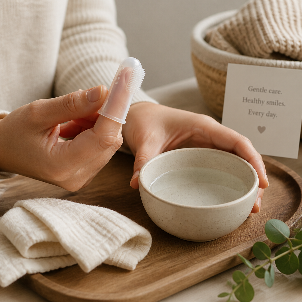 Caregiver's hands preparing oral care supplies including a silicone fingertip toothbrush