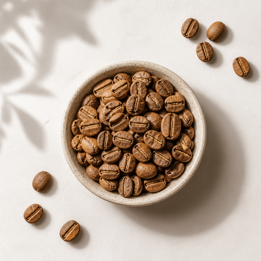 Light roast Arabica coffee beans displayed on a clean white surface