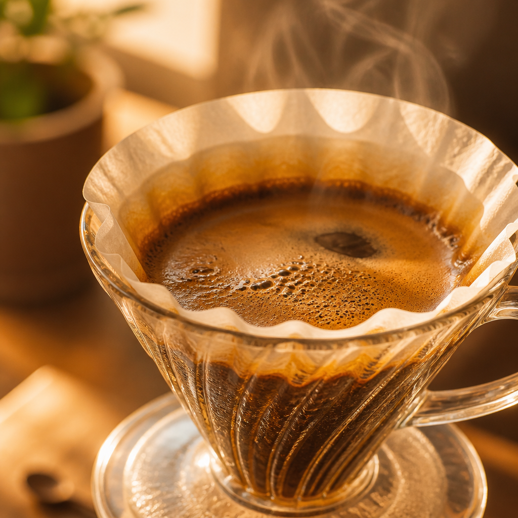 Freshly brewed light roast coffee in a pour-over filter with golden liquid and rising steam