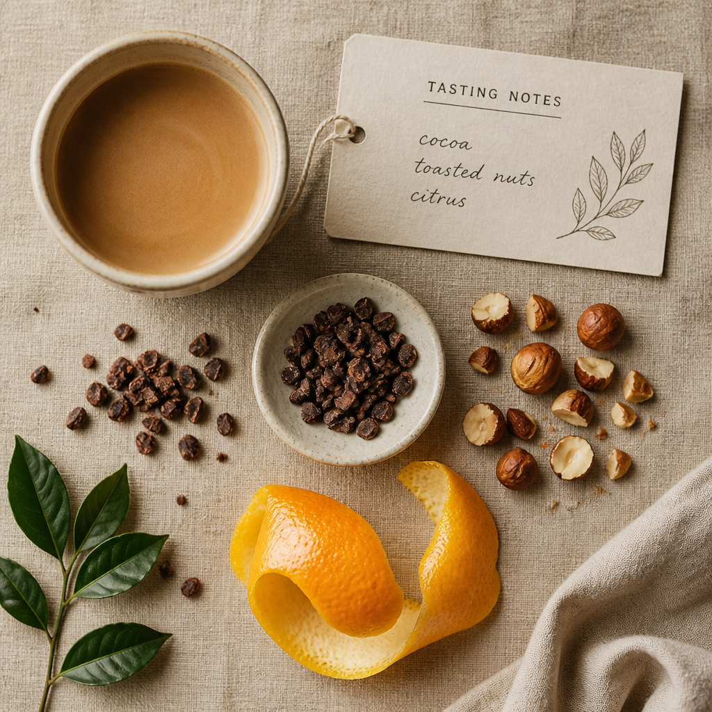 Coffee tasting setup with roasted beans, cocoa, nuts, and citrus representing the flavor profile