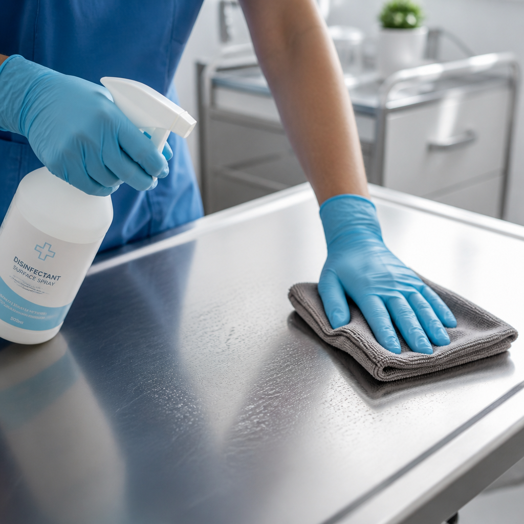 Childcare and Medical Centre Cleaning Standards Melbourne Professional cleaner disinfecting a medical examination table with precise technique - Childcare and Medical Centre Cleaning