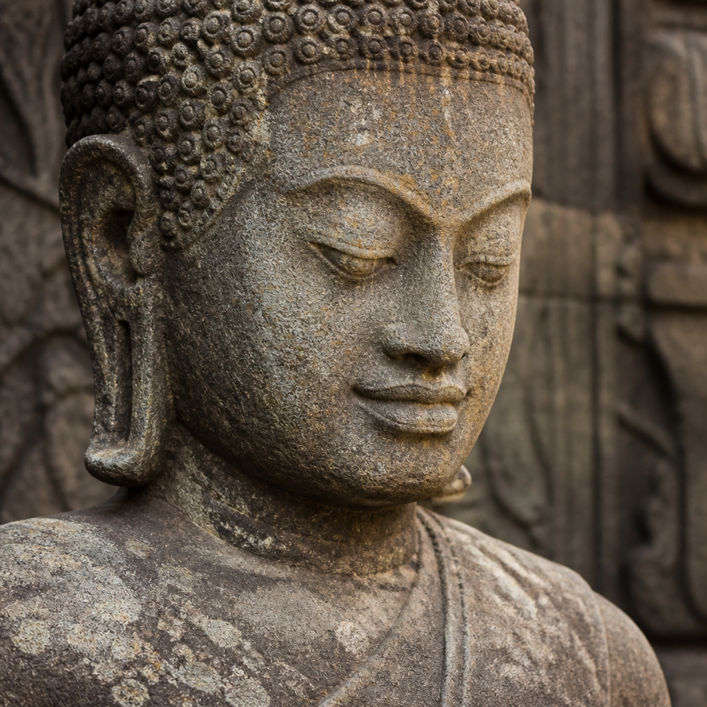 Detailed carved face of an authentic stone Buddha statue showing Khmer artisanal craftsmanship and aged sandstone texture