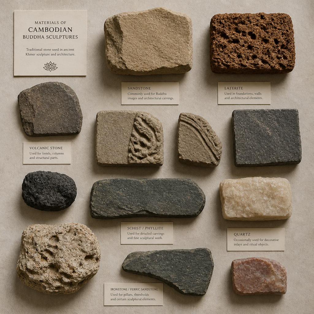 Collection of authentic stone samples and materials used in traditional Cambodian Buddha statue carving