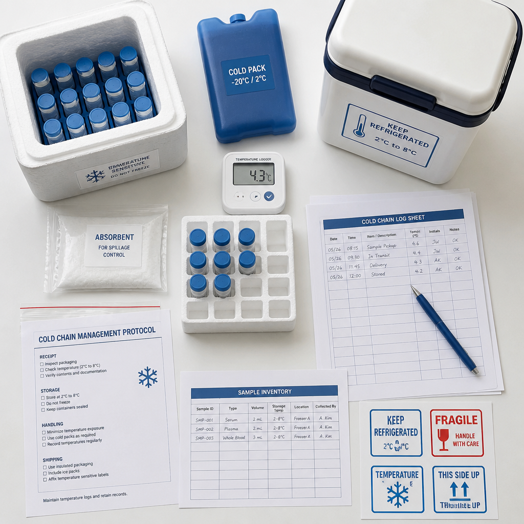 Arranged laboratory supplies for peptide sample storage and cold-chain maintenance