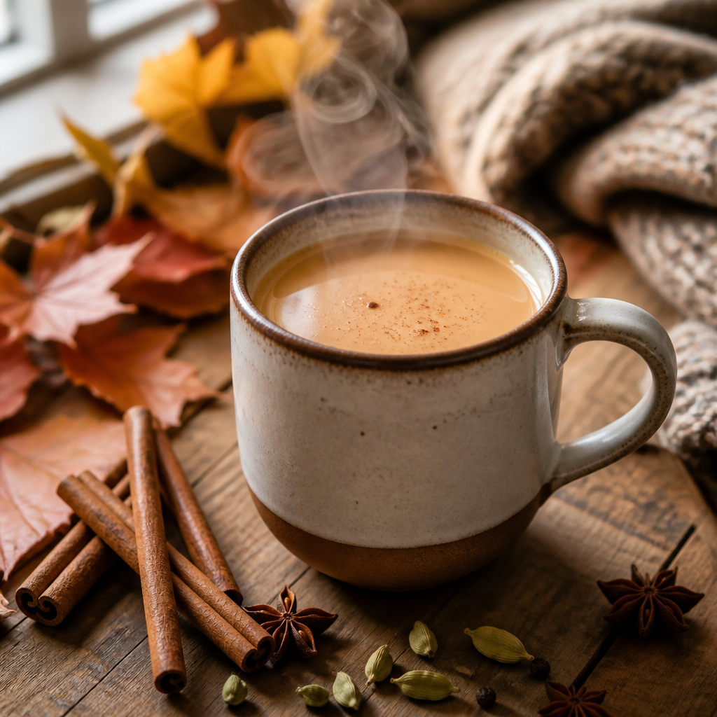 Steaming chai latte with spices and autumn décor