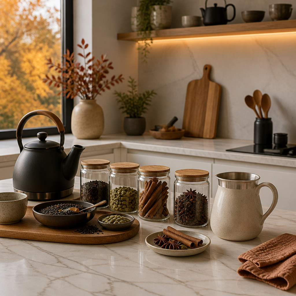 Kitchen workspace with chai-making ingredients and spices