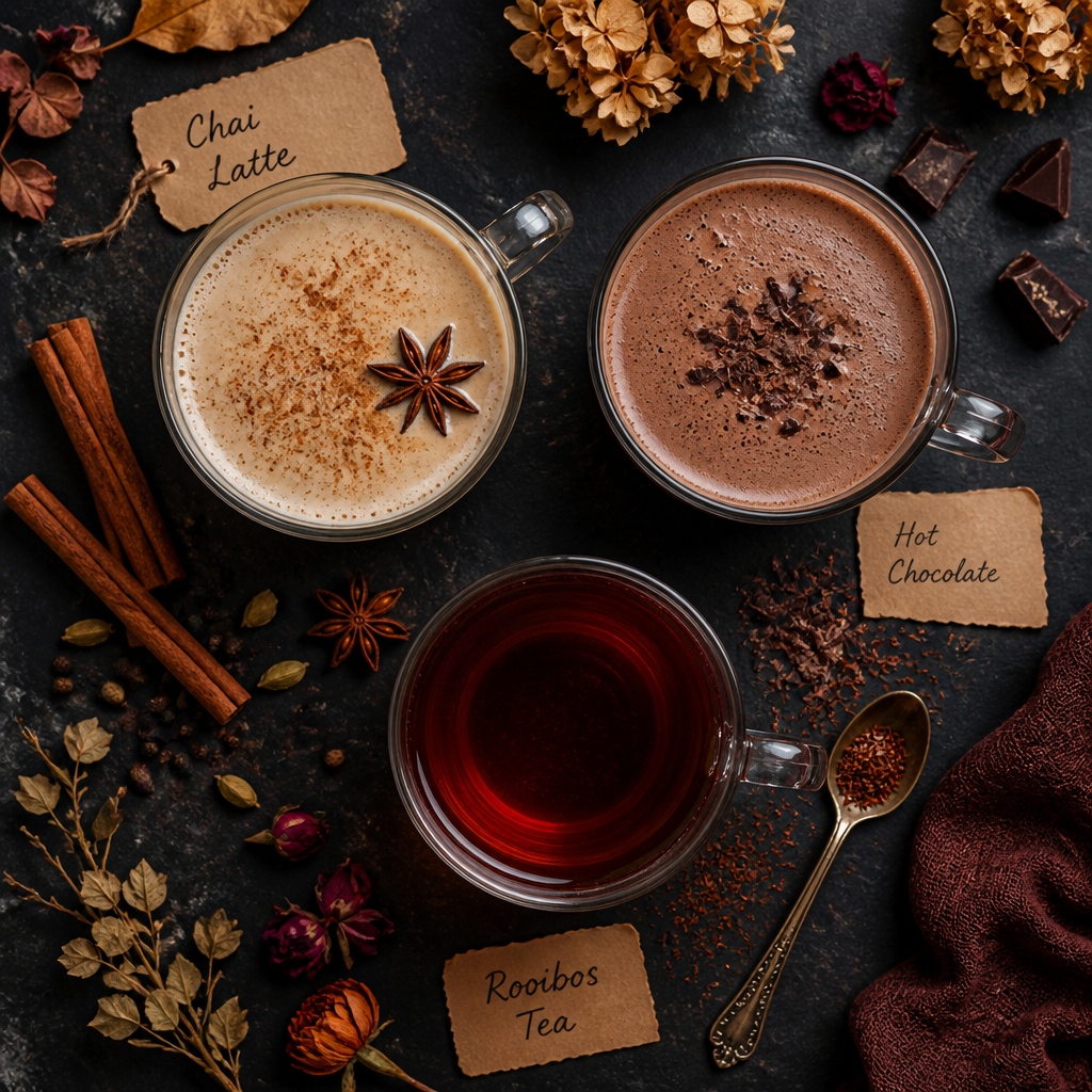 Three autumn hot drinks-chai latte, hot chocolate, and rooibos tea