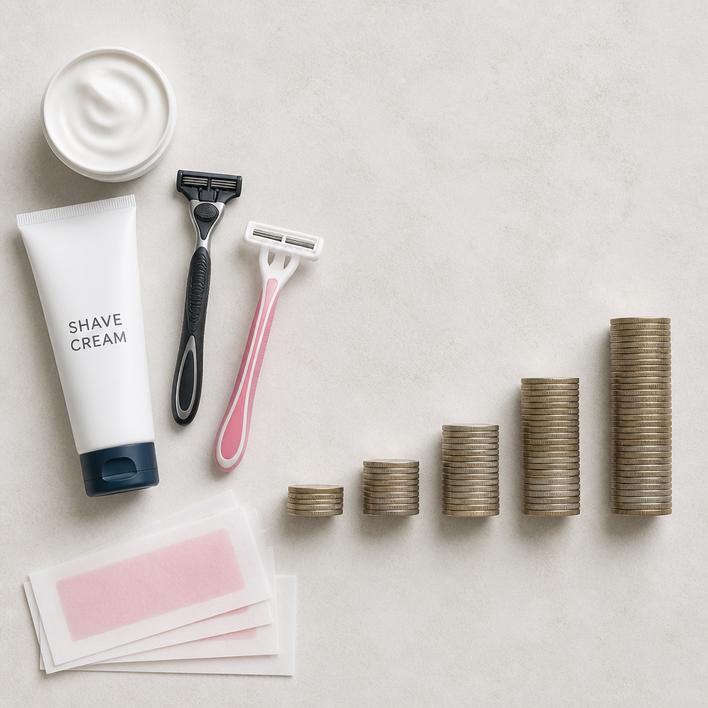 Razors, shaving cream, and waxing supplies arranged with coins showing accumulated costs