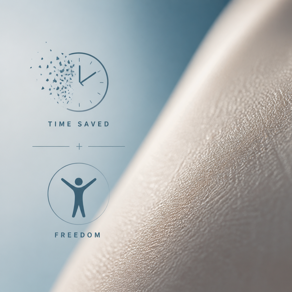 Textured smooth surface with minimalist icons representing time savings and freedom from hair removal routines