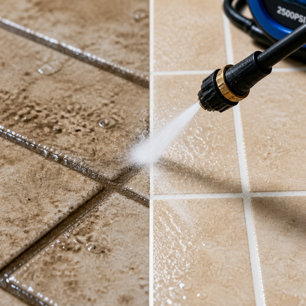 High-pressure water cleaning revealing transformation of stained tile and grout - high pressure cleaning glen waverly