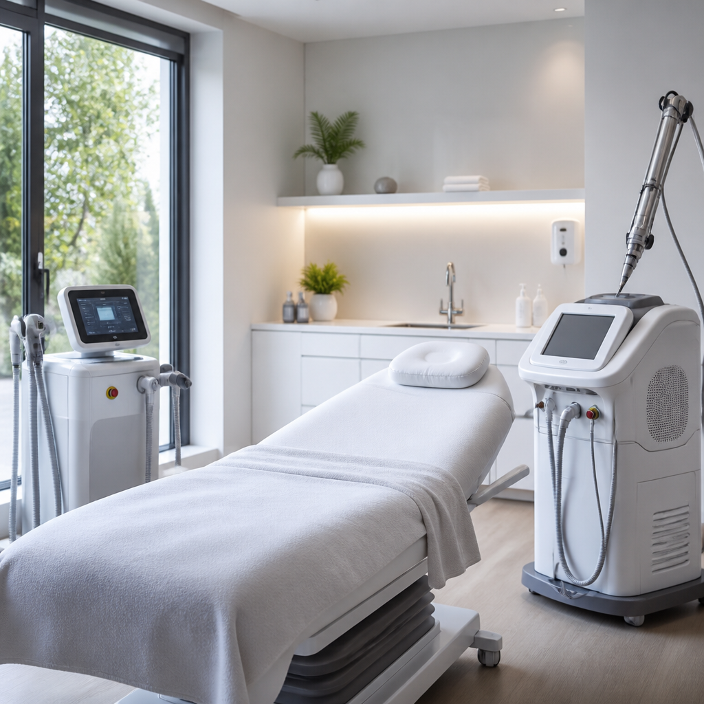 Contemporary medical clinic interior with professional laser hair removal equipment in a clean, bright setting