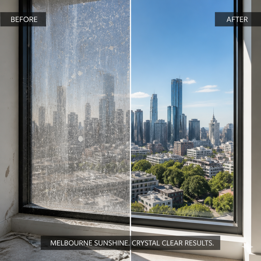 Before and after window cleaning showing construction debris versus pristine glass - window cleaning melbourne