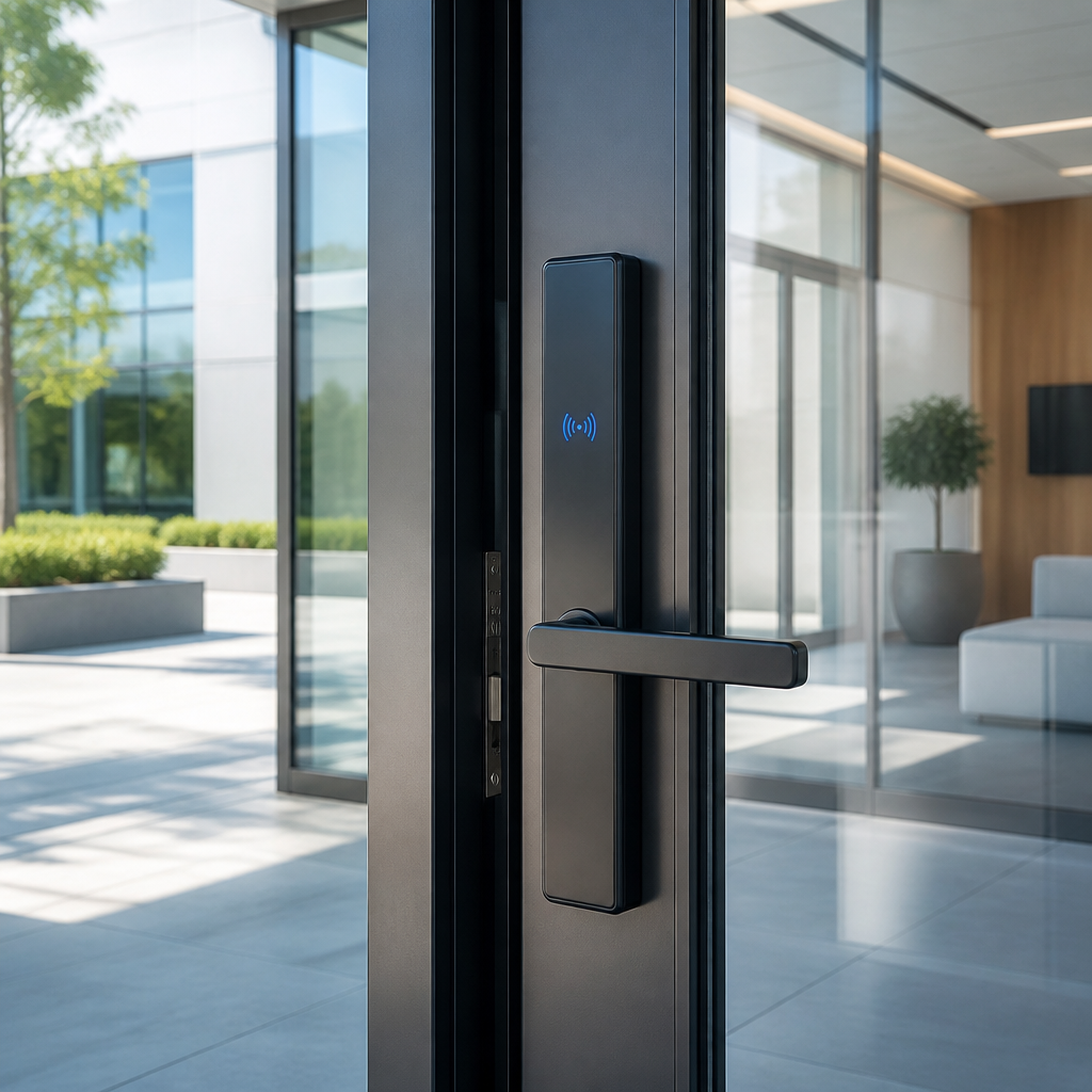 Modern commercial building entrance with electronic Bluetooth lock system