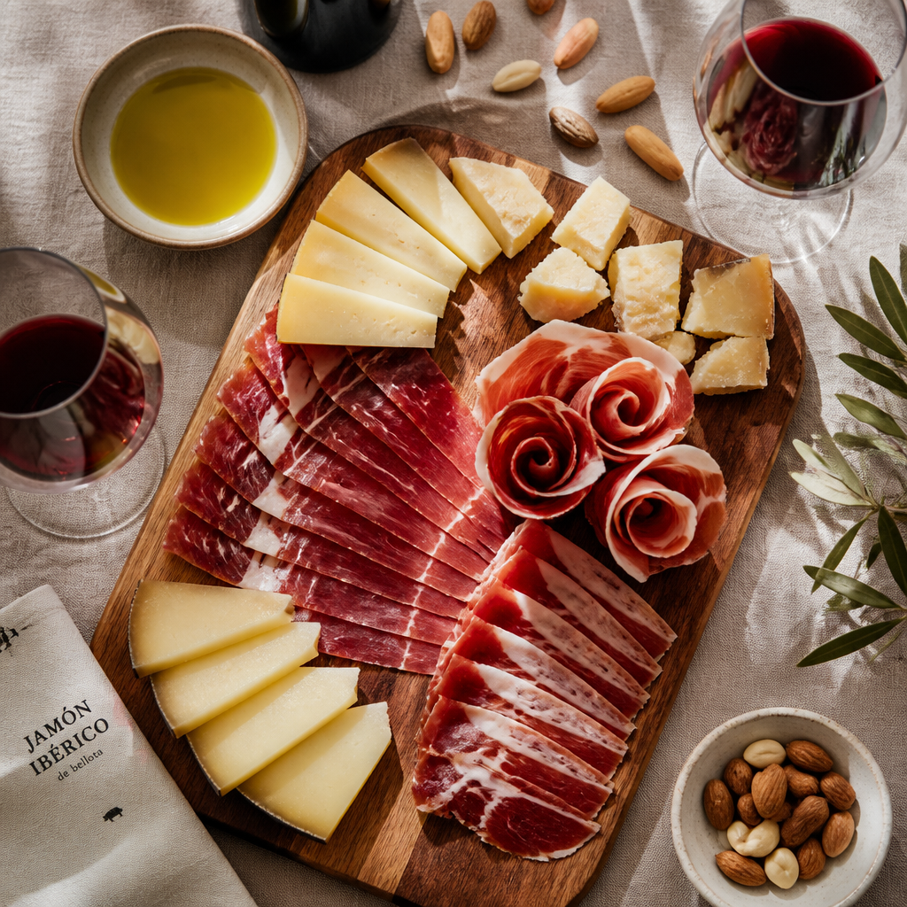 Tabla de maridaje gourmet con jamón ibérico, quesos artesanales, vino español y aceite de oliva virgen extra
