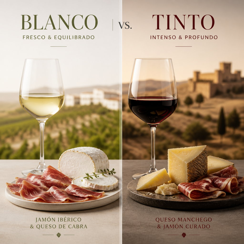 Comparativa visual de maridajes: vinos blancos y tintos con jamón ibérico y quesos variados