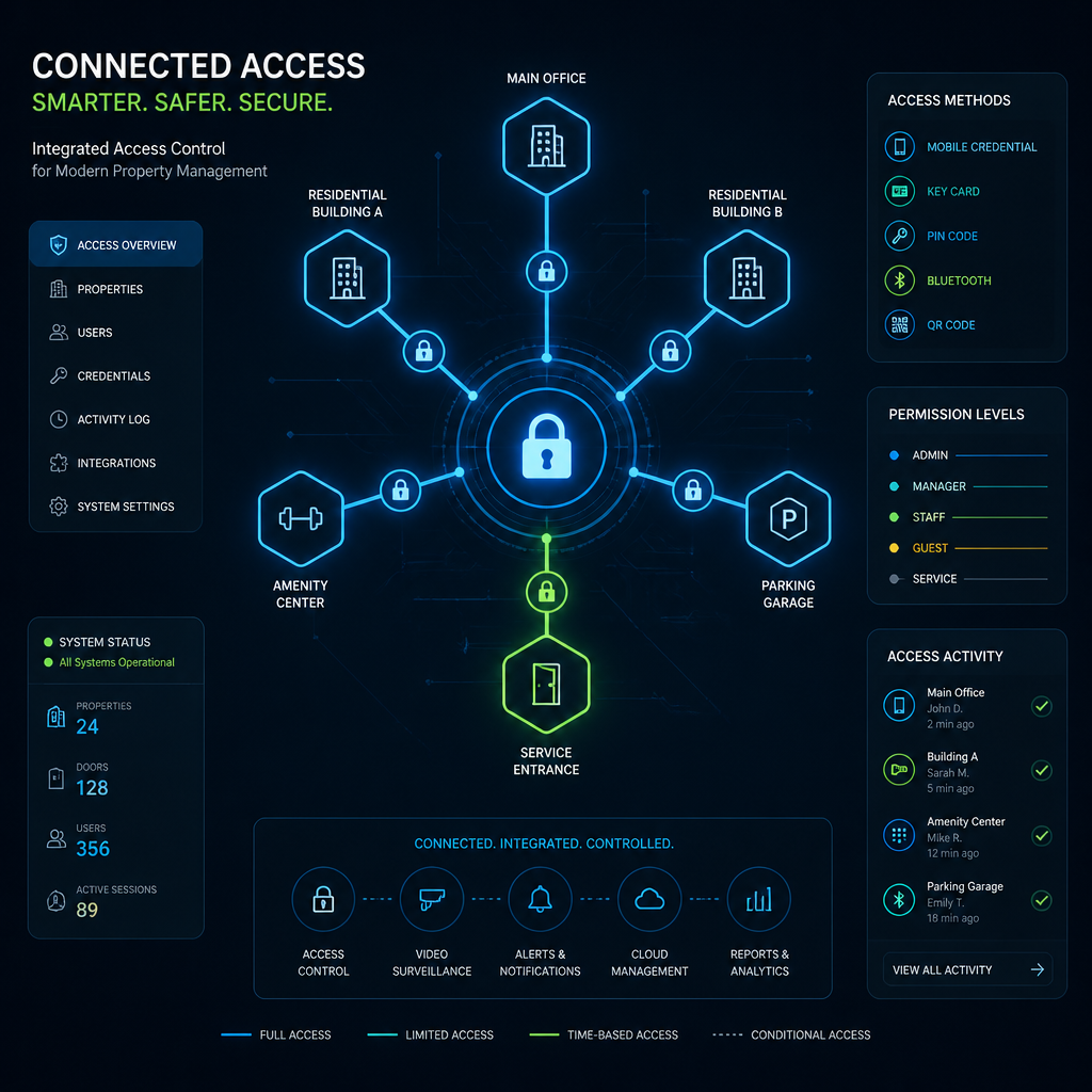 Digital diagram of interconnected access control and security network systems