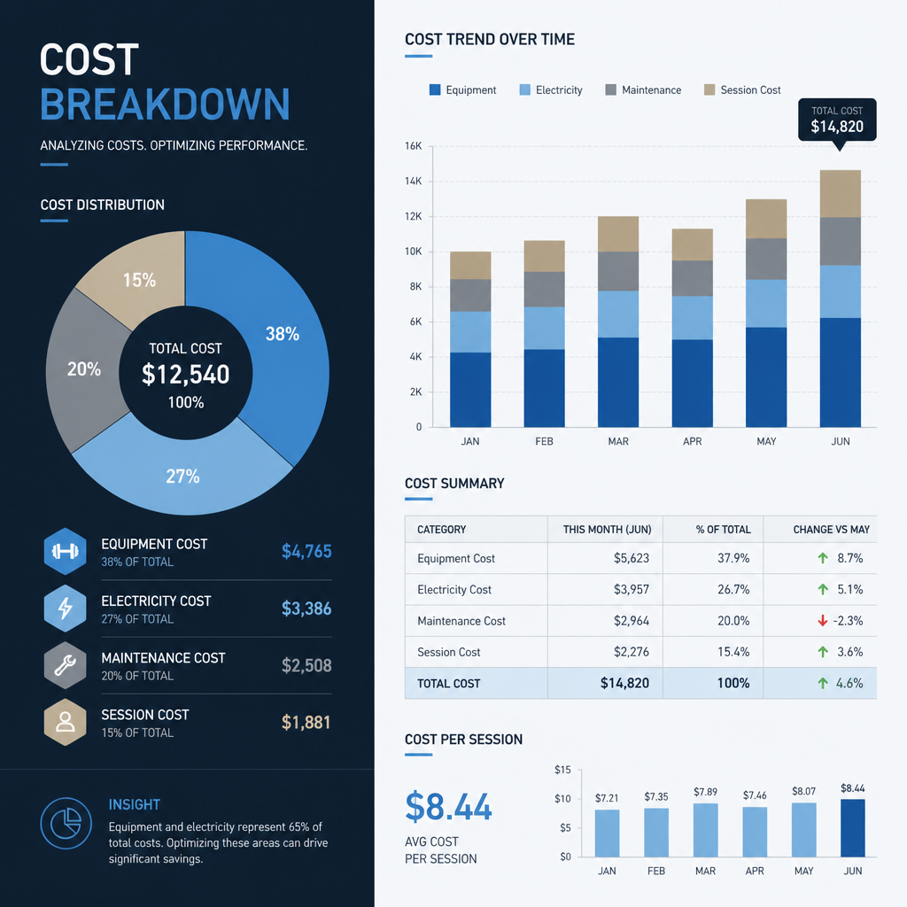 Visualização de dados financeiros mostrando análise de custos e ROI do banho de gelo