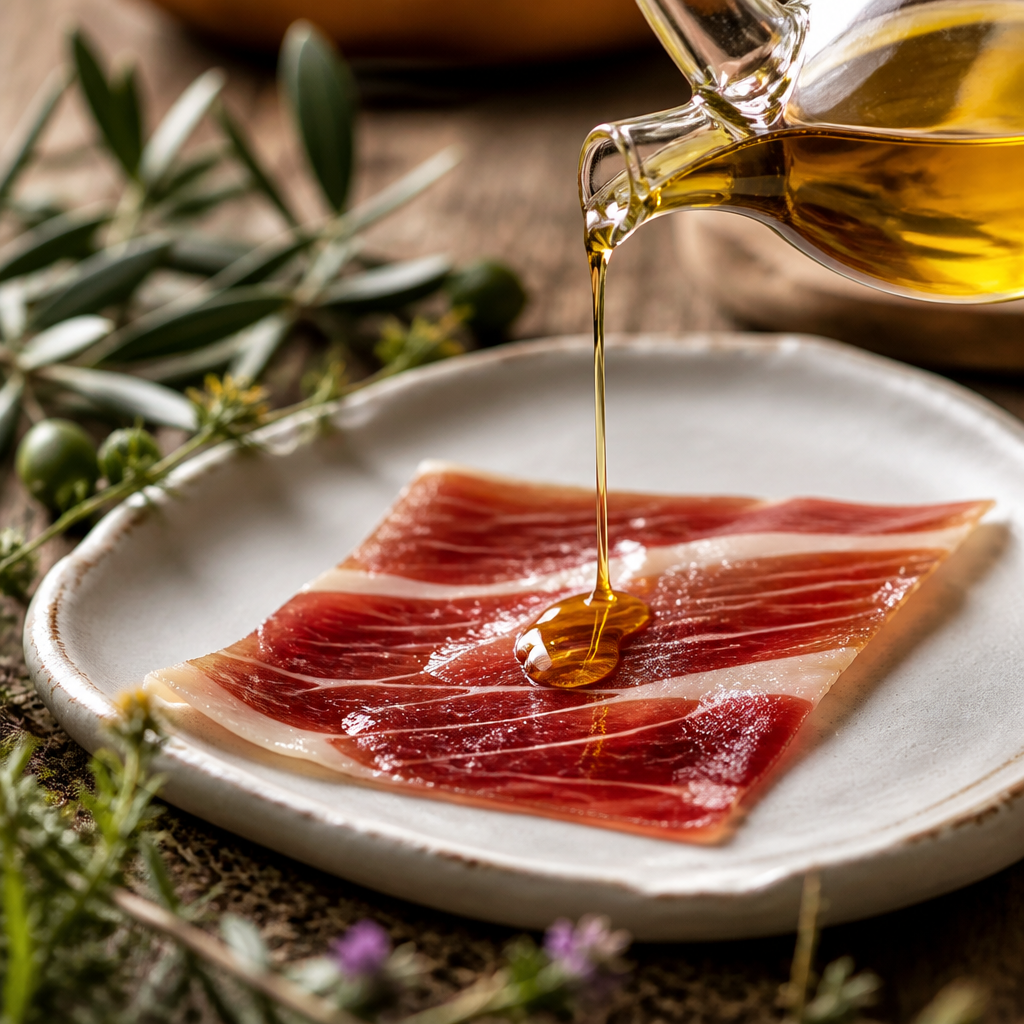 Detalle artístico: aceite de oliva virgen extra sobre loncha de jamón ibérico con elementos mediterráneos