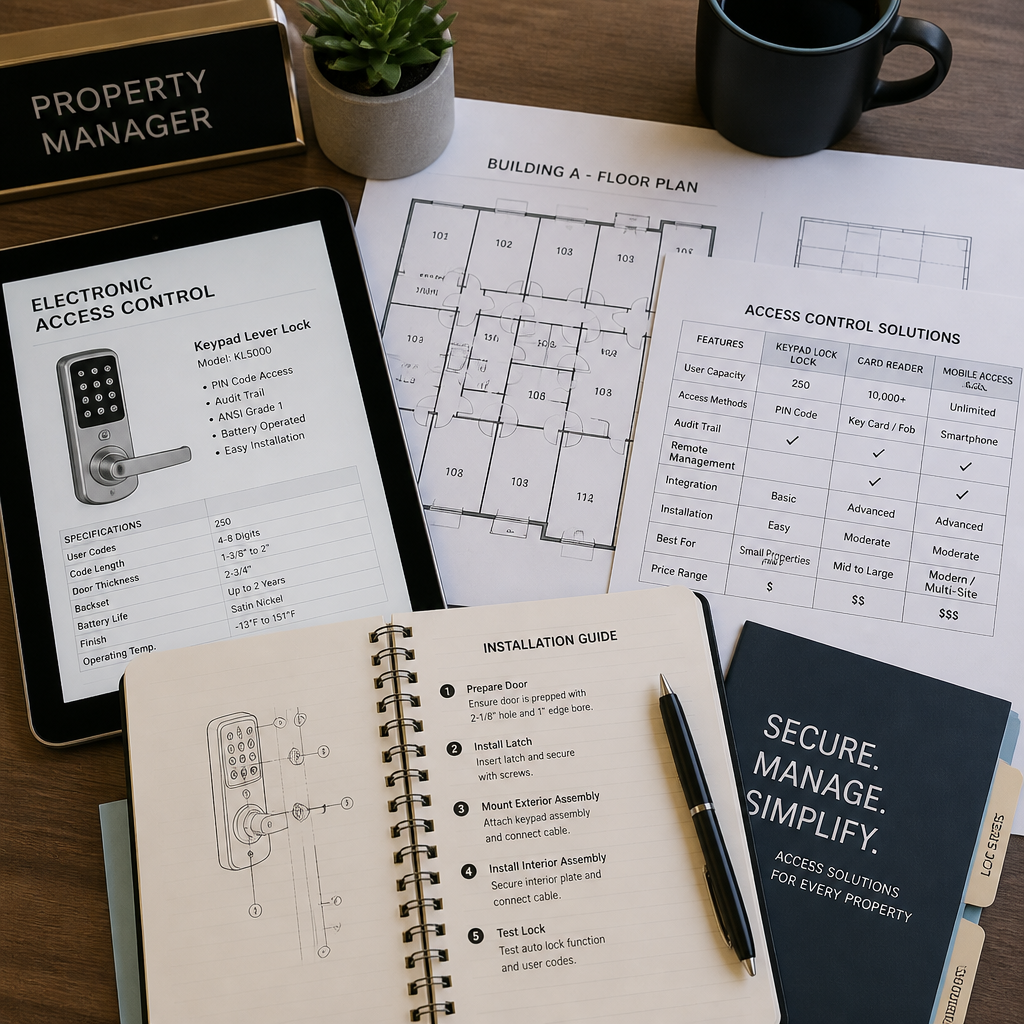 Property manager's workspace with access control documentation and planning materials