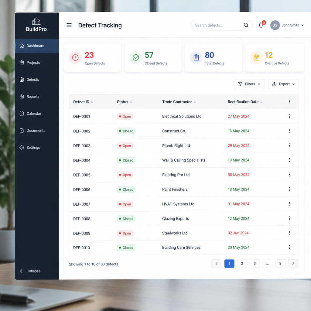 Defect tracking dashboard with open and closed status indicators