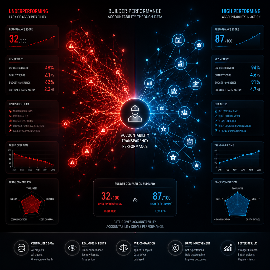 Data visualization comparing builder performance and trade accountability metrics