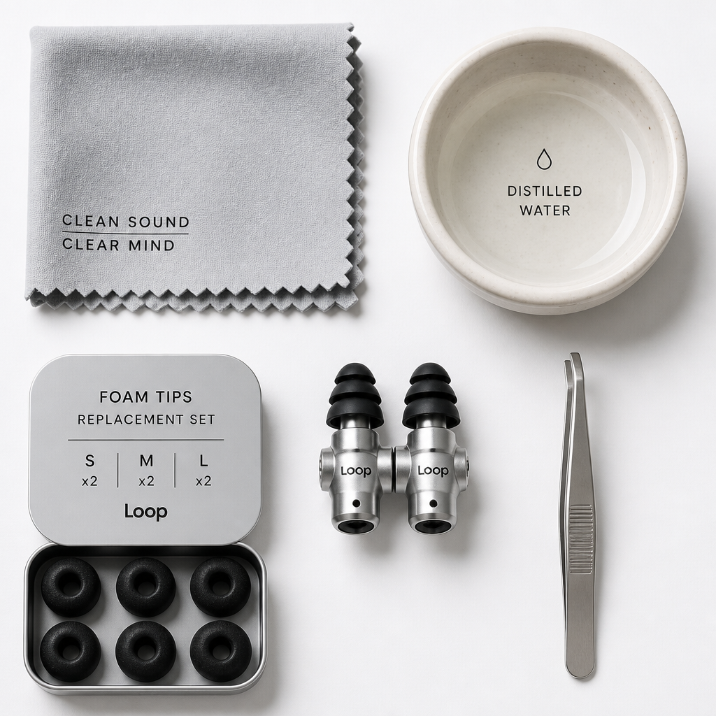 Flat lay of earplugs cleaning and maintenance supplies on white background