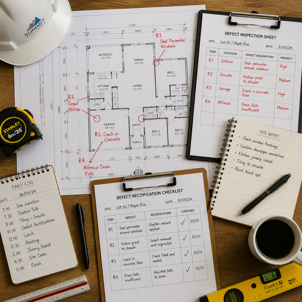Construction inspection documents and checklists showing defect tracking and rectification progress