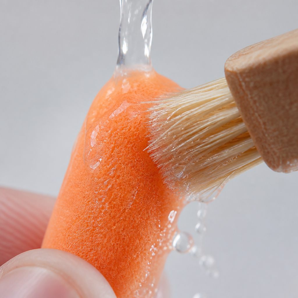 Close-up of foam earplugs tip being cleaned with a soft brush under water