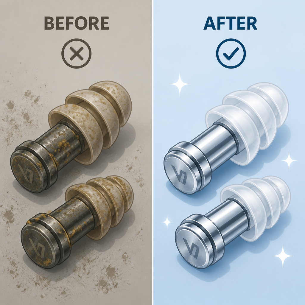 Before and after visual comparison of dirty versus clean earplugs