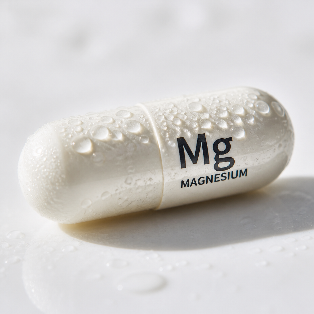 Magnesium supplement tablet with water droplets on white background