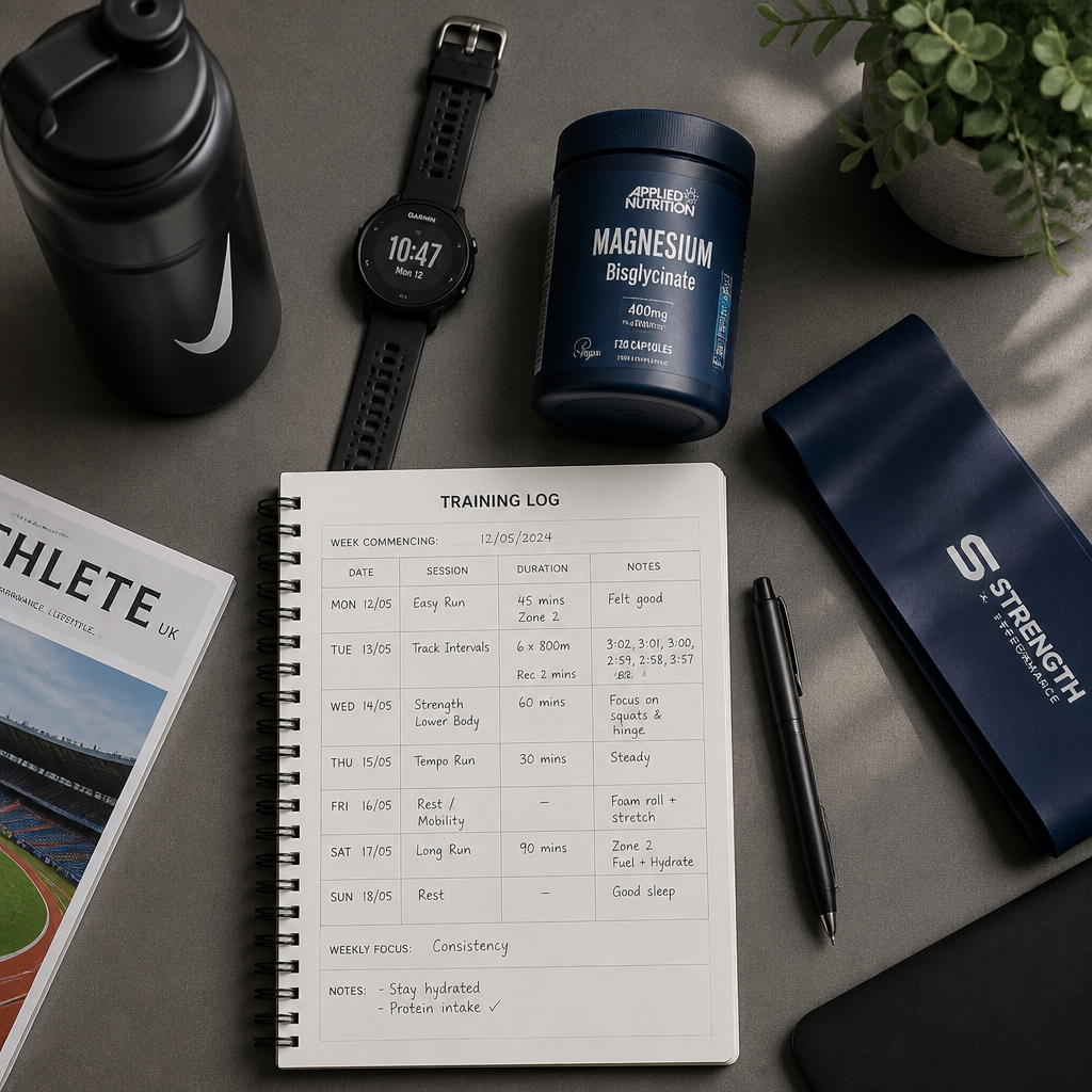 Athletic training essentials and supplement arrangement on desk