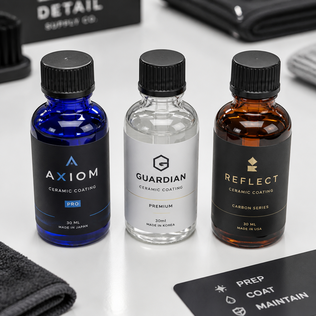 Three professional ceramic coating bottles displayed on a workshop bench