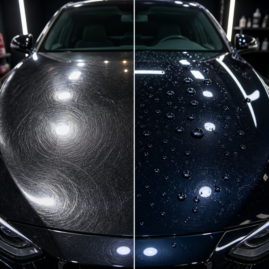 Before and after paint protection comparison showing ceramic coating effects