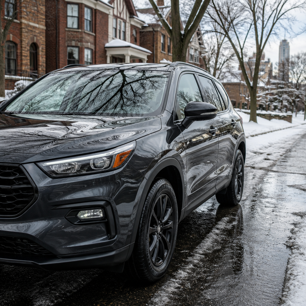 Winter-protected vehicle in a Chicago suburban street environment