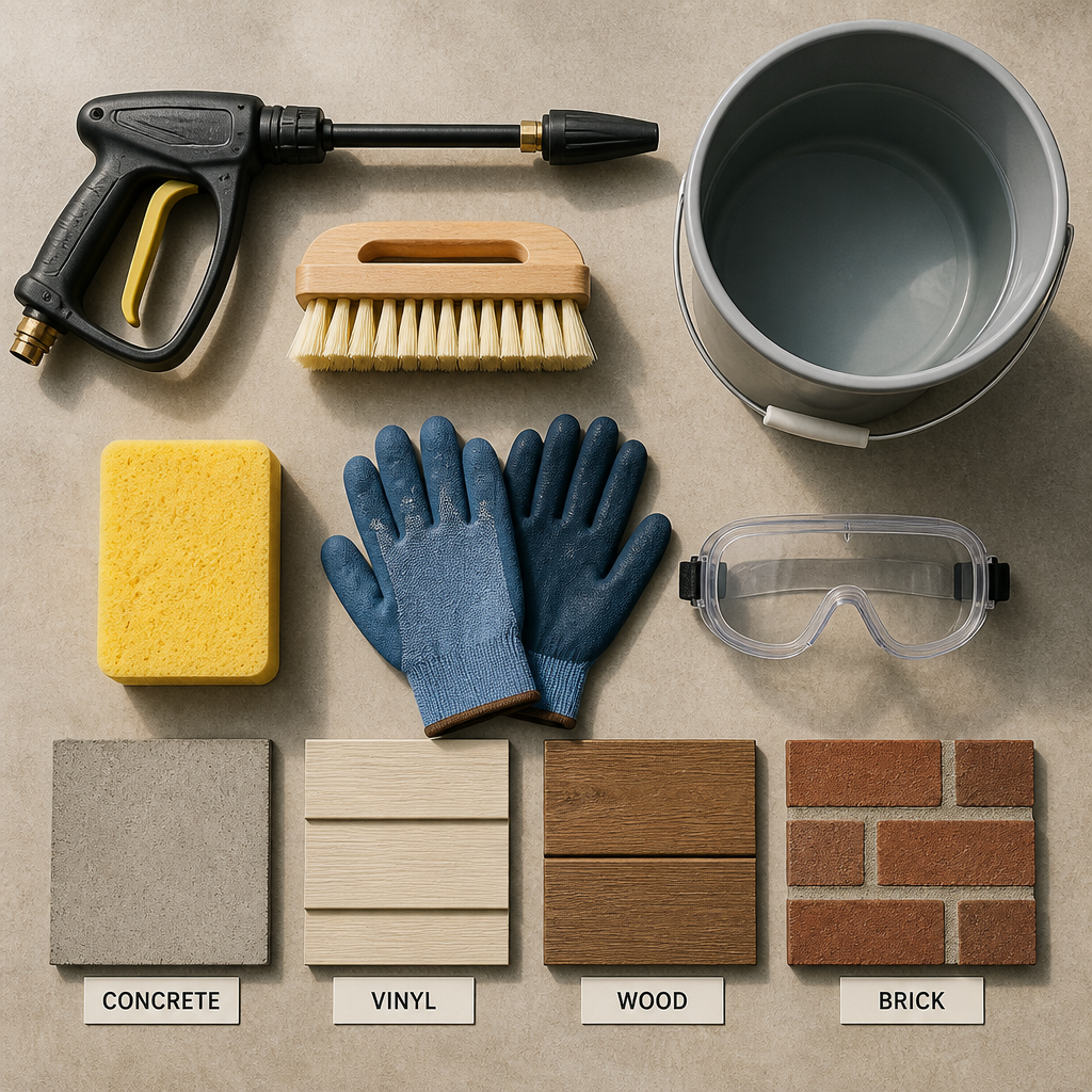 Cleaning tools and materials for exterior home maintenance