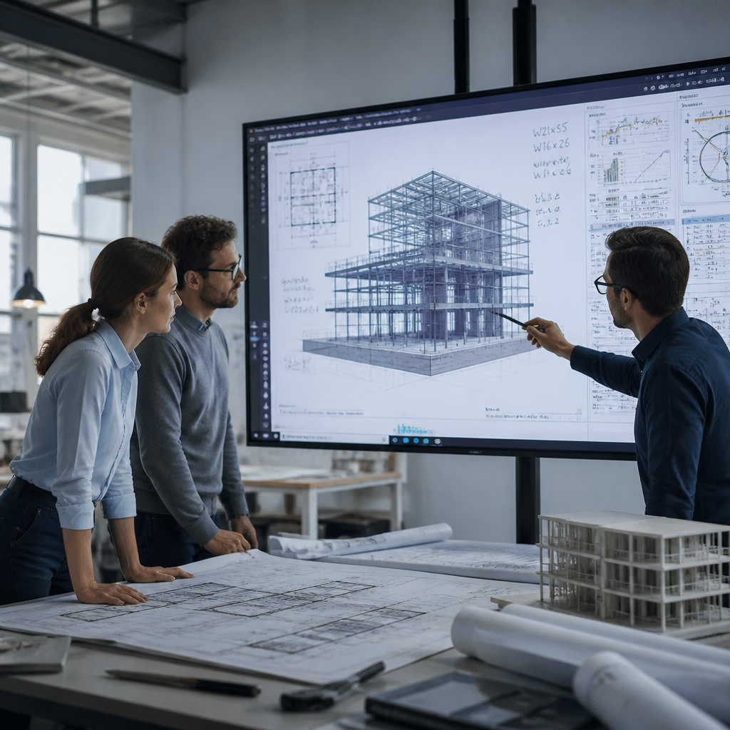 Équipe d'architectes consultant des plans structurels lors de la phase conception