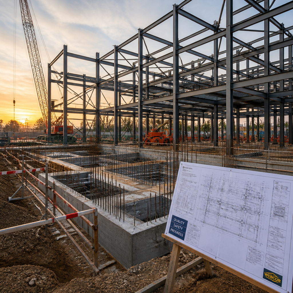 Chantier de construction montrant l'exécution des travaux structurels et les fondations