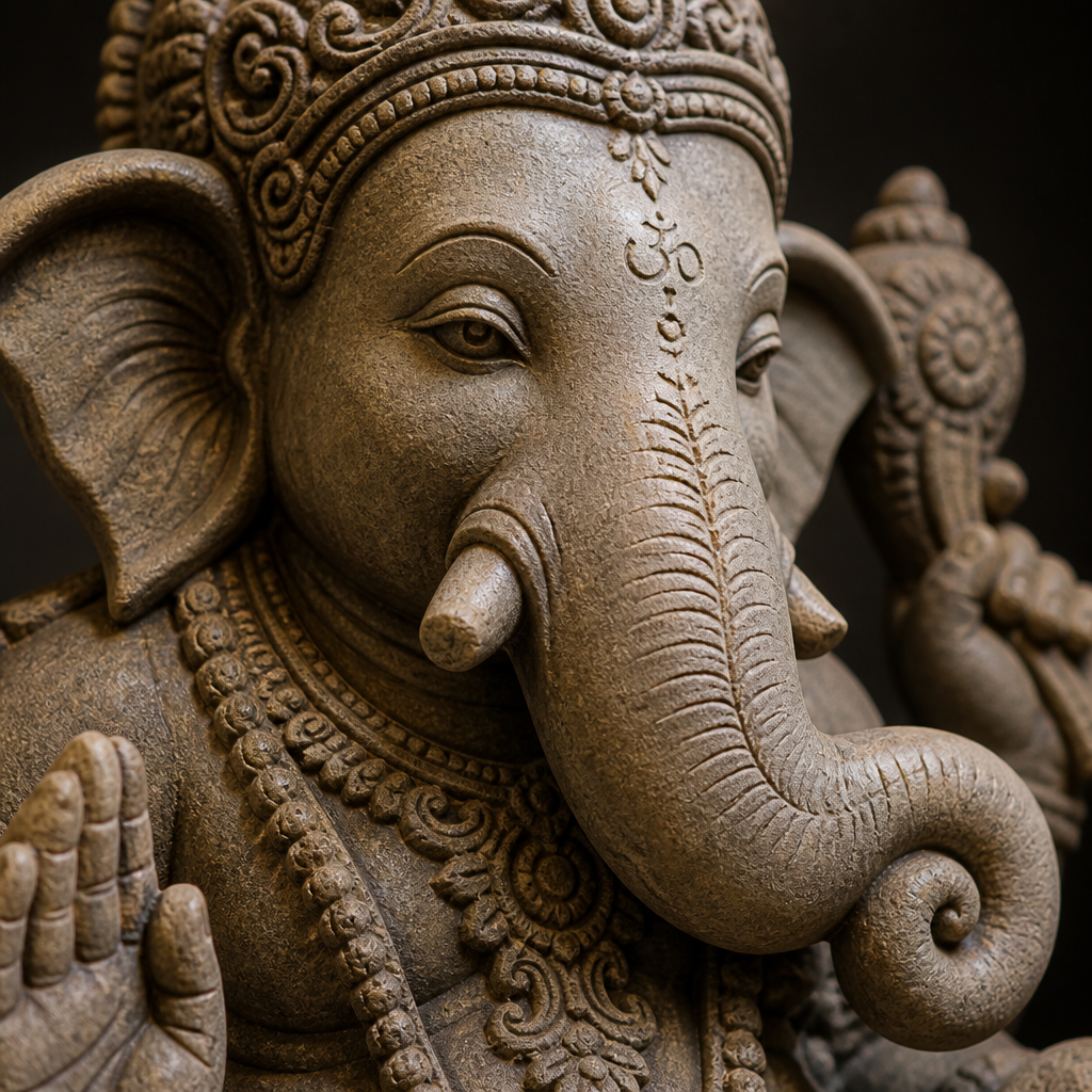 Close-up of carved Ganesha statue showing trunk detail and iconographic features