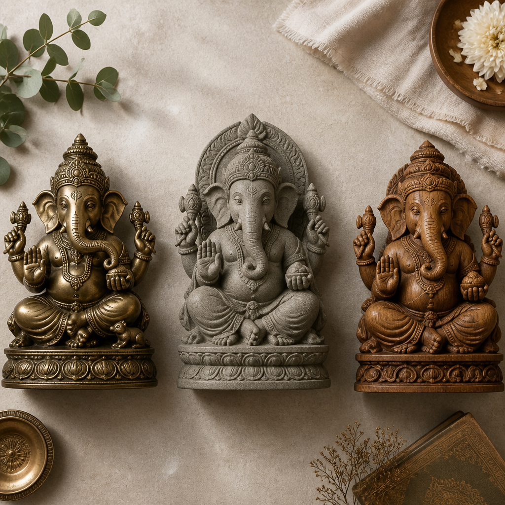 Three Ganesha statues in different materials and regional styles arranged for comparison