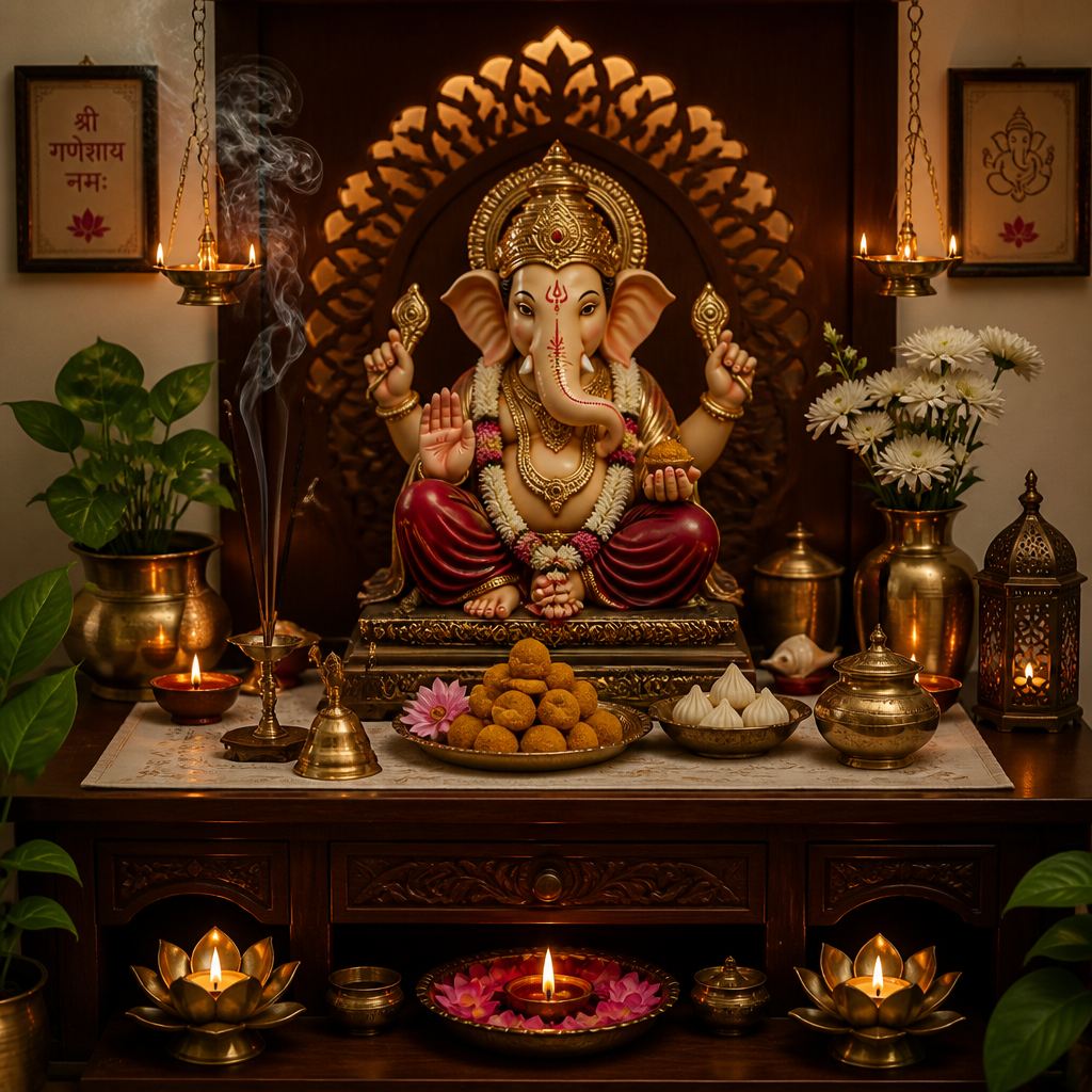 Ganesha statue on a home altar with traditional offerings and spiritual décor