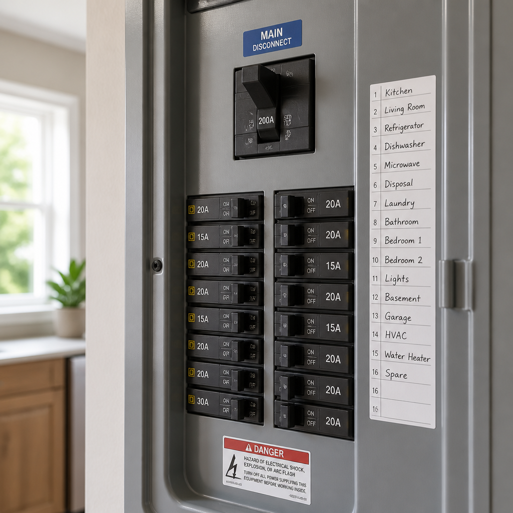 Close-up of residential electrical panel with organized circuit breakers