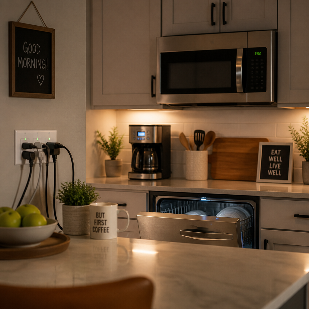 Modern kitchen with multiple appliances in use simultaneously