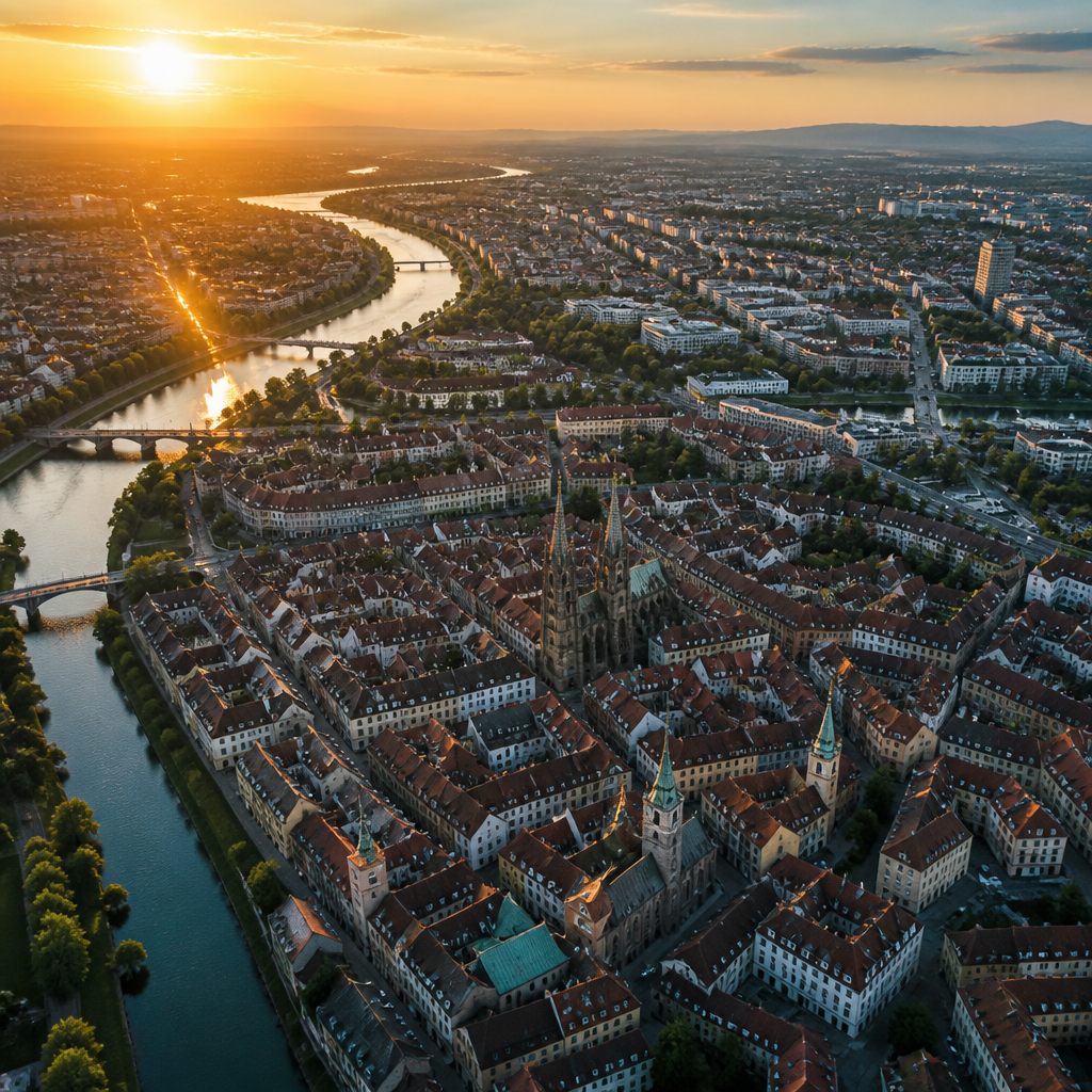 Widok z lotu ptaka na historyczne europejskie miasto z rzeką i średniowieczną architekturą w złotej godzinie