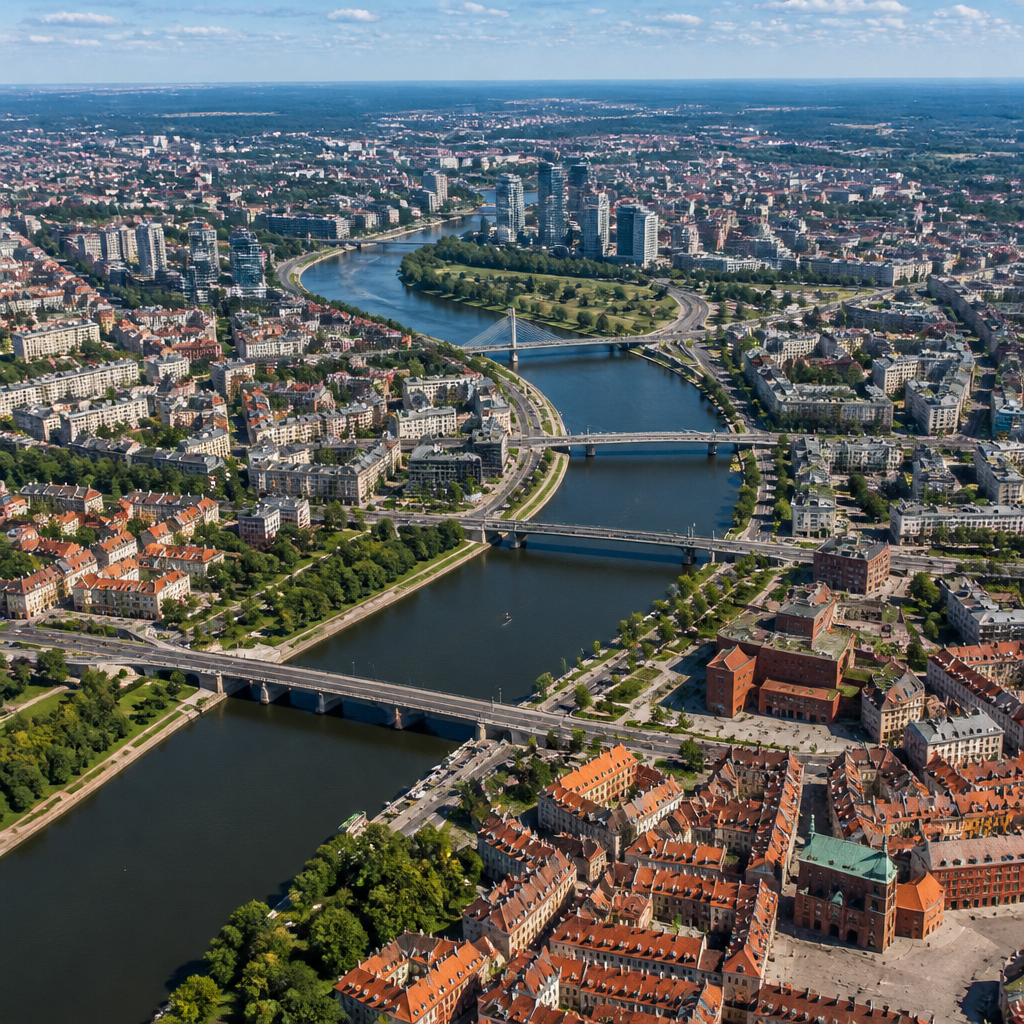 Widok z powietrza miasta z mostami, ulicami w geometrycznych wzorach i zróżnicowaną zabudową