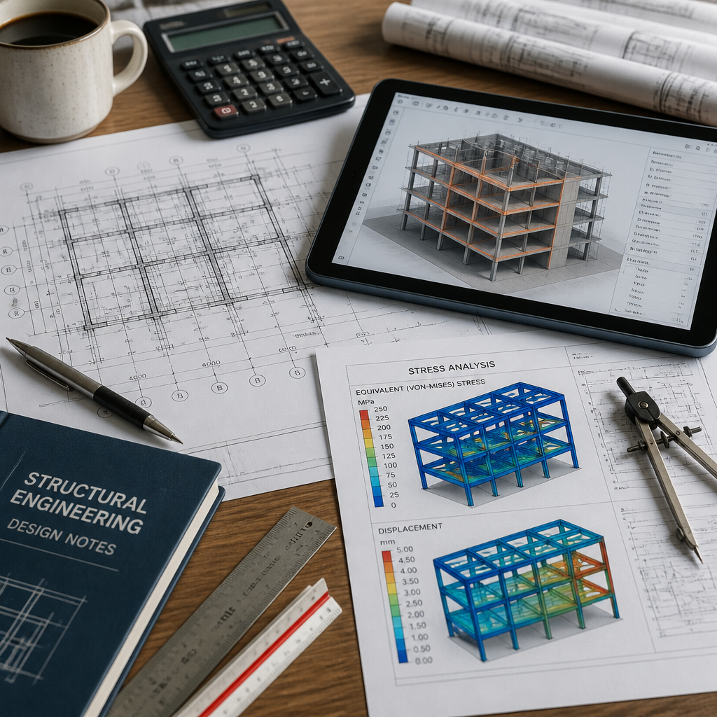 Outils d'ingénierie structurelle et plans techniques sur un bureau de travail professionnel