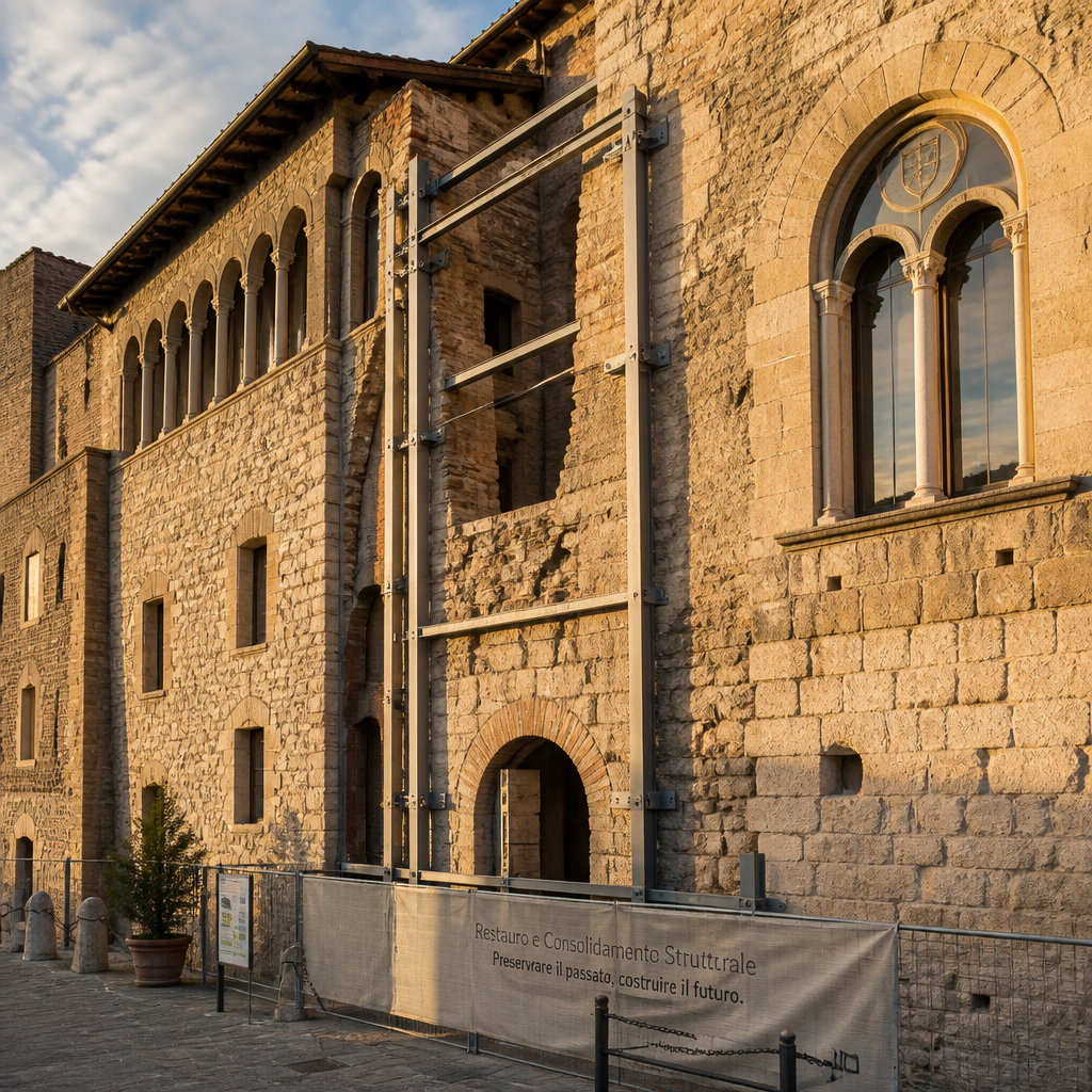 Facade d'un bâtiment ancien en pierre avec éléments de renforcement structurel intégrés discrètement