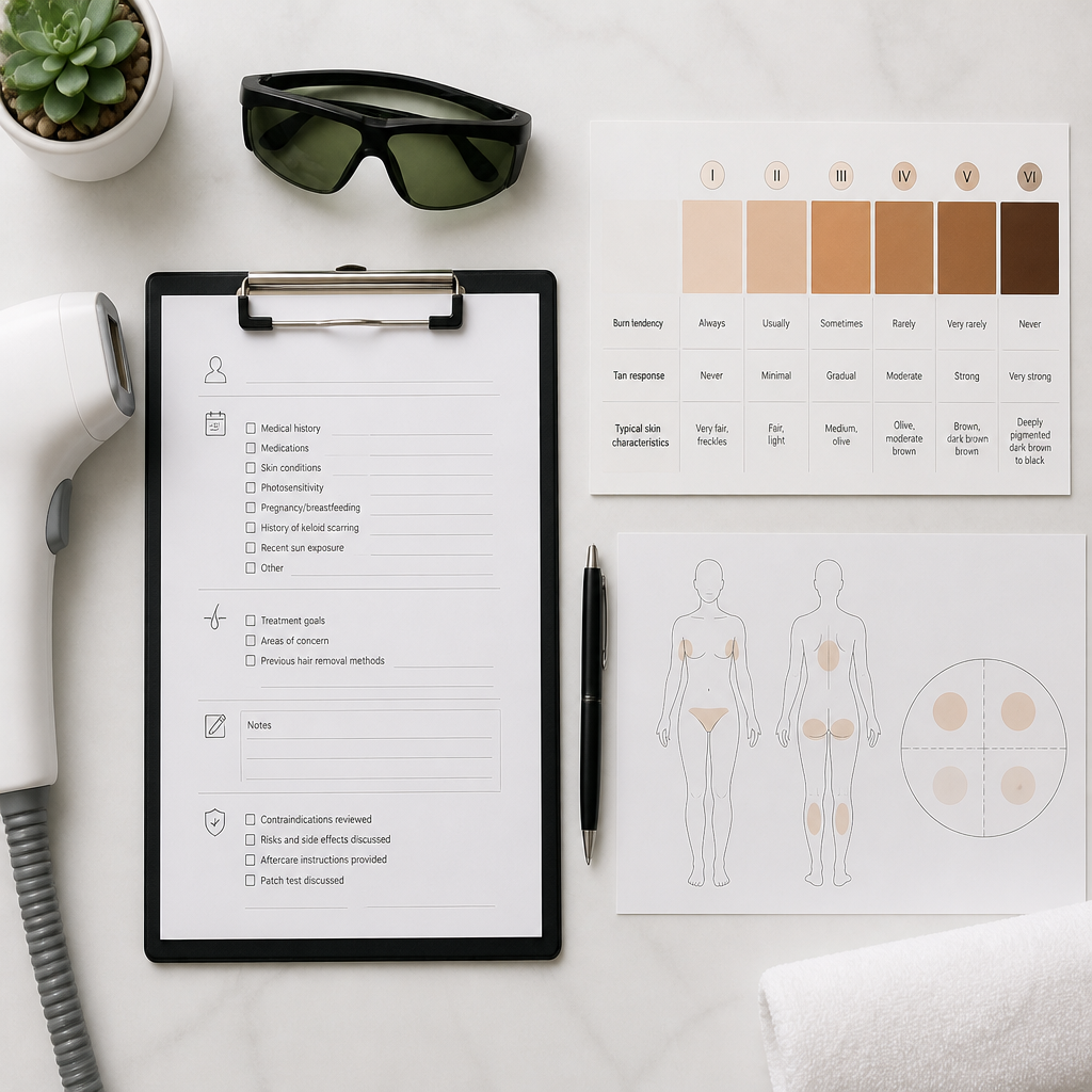 Consultation materials for laser hair removal patch testing with skin tone reference and treatment notes