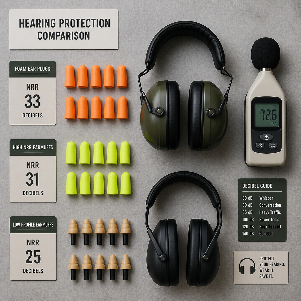 Hearing protection options: foam ear plugs and earmuffs displayed side-by-side with NRR comparison cards