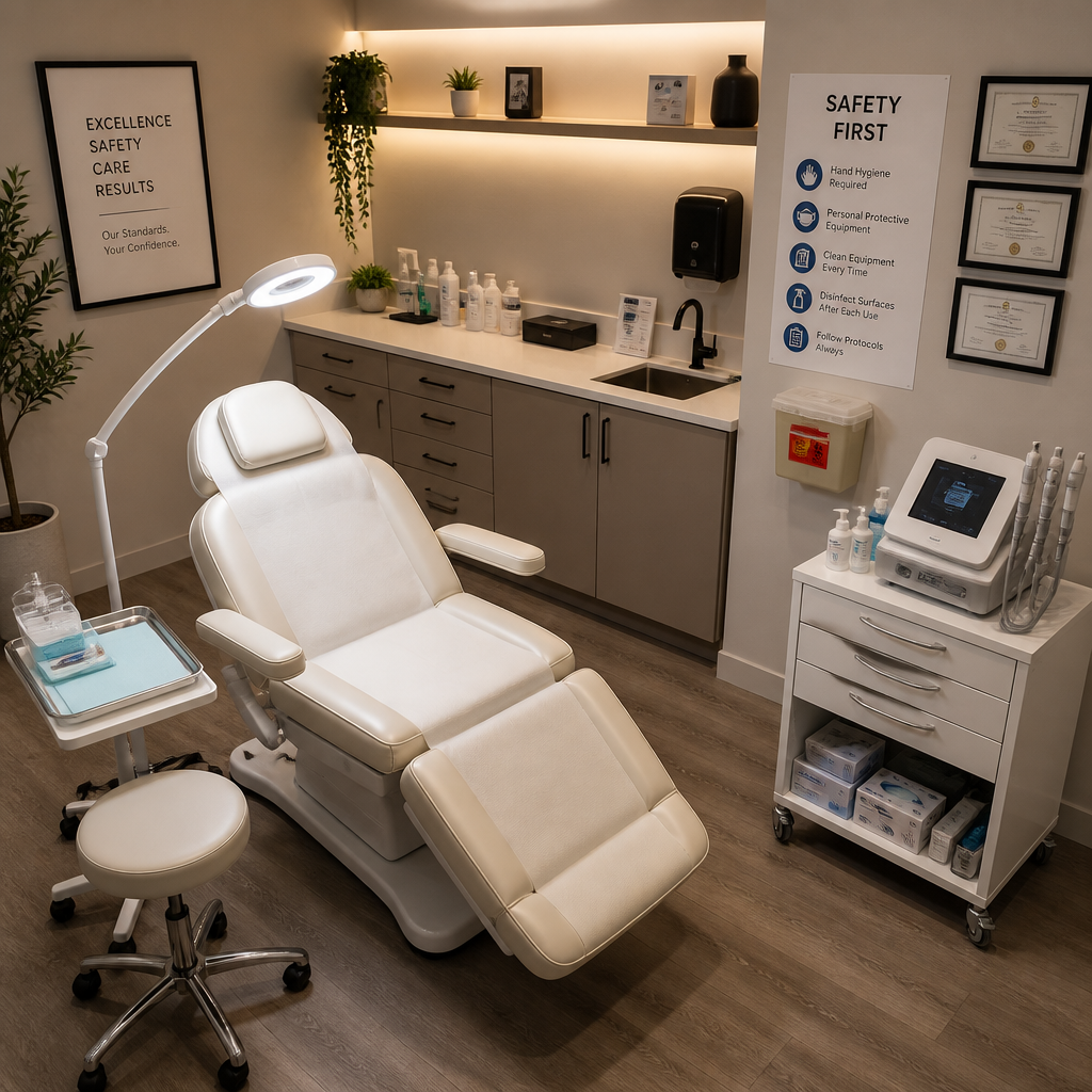 Professional laser hair removal treatment room demonstrating clinical standards and safety-focused setup